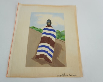 Southwest Needlepoint, Vintage Cotton Canvas, No Thread or Directions, D. Gustafson signed Canvas, Tribal Blanket Design, Free USA Ship