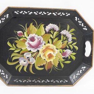 Toleware Tray, Toleware, Vintage Black Hand Painted Floral Metal Tray, Kitchen Dining Serving Tray, Wall Decor, Rectangular Free USA Ship