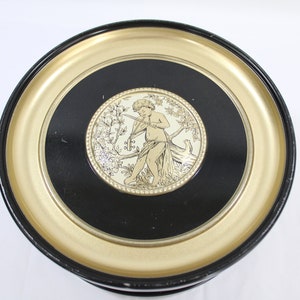 Zwart rond blik, cherubijnontwerp, blik met diameter 10 1/4&quot;, vintage rond blik, opslagcontainer, koekje, gratis VS-schip