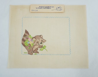 Racoon Needlepoint, Vintage Cotton Canvas, No Thread or Directions, Small Canvas, Nursery Theme Collectible Needlepoint Free USA Ship