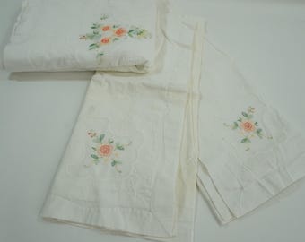 Vintage Coverlet, Cotton Summer Queen Bed Cover, White Work, Cut Out Work, Embroidered Flowers, White Victorian Style Bedding Free USA Ship