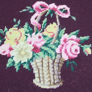 Needlepoint, Completed Needlepoint, Floral Basket Design, Footstool, Chair, Seat, Pillow Canvas Floral Needlepoint Wine Color Free USA Ship