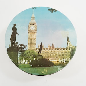 Round Empty Tin, 10&quot; Dia Tin, Vintage Tin, Storage Container, 1970&#39;s Biscuit Tin, Imperial Baking, Big Ben London Scene Free USA Ship
