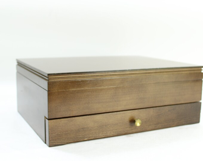 Flatware Chest, Silverware Box, Storage Cutlery Case, Walnut Color Veneer Case W/ Drawer Red