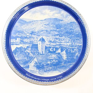 Empty Biscuit Tin, Metal Tin, Old Confectionery Tin, Blue and White Empty Tin, Round Tin, Scandinavian Village Scene, 1984 Tin Free USA Ship