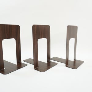 Metal Bookends, 3 Vintage Book Holders, Shelf Decor, Library Bookends, Bookends, Woodgrain Brown Metal Bookends 9&quot; H  Free USA Ship