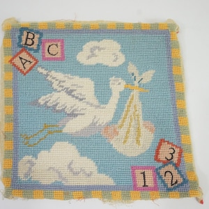 Completed Needlepoint, ABC 123 Stork Nursery Needlepoint, Completed Needlepoint for a Pillow, Small Baby Pillow Project, Free USA Ship