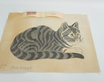Eva Brent Cat Needlepoint, Vintage Cotton Canvas, No Thread or Directions, MCM Hand Painted Needlepoint Canvas Free USA Ship