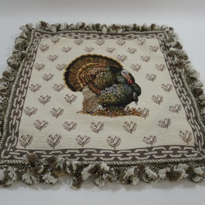 Needlepoint Pillow Cover, Wild Turkey Pillow Cover, Petit Point Needlepoint Pillow Cover, Taupe w/ Tassel Fringe Wildlife Free USA Ship