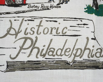 Vintage Dishtowel, Linen Tea Towel, Woven Linen Printed Kitchen Linen, Souvenir Linen, Collectible Linen Historic Philadelphia Free USA Ship
