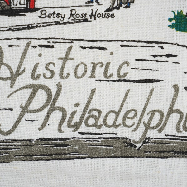 Vintage Dishtowel, Linen Tea Towel, Woven Linen Printed Kitchen Linen, Souvenir Linen, Collectible Linen Historic Philadelphia Free USA Ship