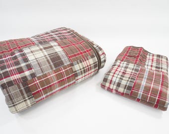 Pottery Barn KIDS Madras Quilted Twin Size Quilt and Euro Sham, Brown Burgundy Patchwork Madres Bedding, Lot B Pottery Barn Free USA Ship