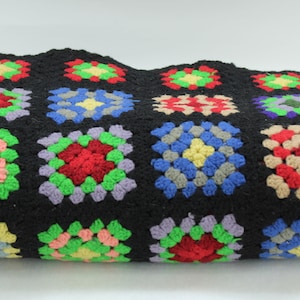 Granny Square Wool Blanket, Afghan, Black Wool Throw Blanket, Vintage Country Decor Blanket, Wool Throw, Great Colors, Free USA Ship