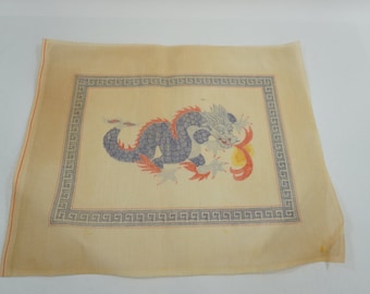 Dragon Needlepoint, Vintage Cotton Canvas, No Thread or Directions, Asian Dragon Design, Hand Painted Dragon Needlepoint, Free USA Ship