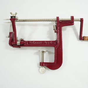 Johnny Apple Tool, Apple Peeler, Apple Corer & Slicer, Red Painted Cast Iron Apple Peeler, Mounts Under Counter Lip, Free USA Ship