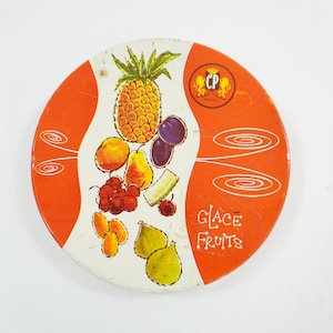 Vintage Metal Tin, Round Tin, Glace Fruits Tin, MCM Fruit Graphics Metal Round Tin Sewing Tin Storage Tin, Low Wall Tin, 1&quot; H Free USA Ship