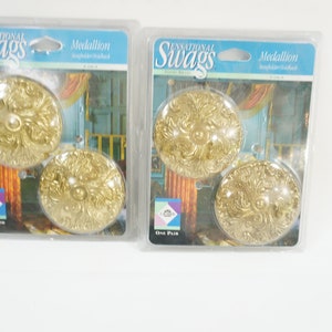 Curtain Tie Backs, 2 Sets of Medallion Brass Metal Curtain Holdbacks, Curtain Accessories, Swag Holders, 2 NOS Sets, Free USA Ship