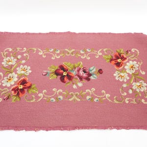 Completed Needlepoint, Rose Design, Rose Color Ground, Vintage Antique Needlepoint for Bench Footstool Pillow, Free USA Ship