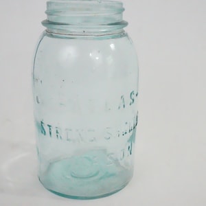Atlas Strong Shoulder Mason Jar, Quart Jar, BLUE glass  Mason, #8, Vintage Canning Preserving Jars, Antique Mason Jar, No Lid, Free USA Ship