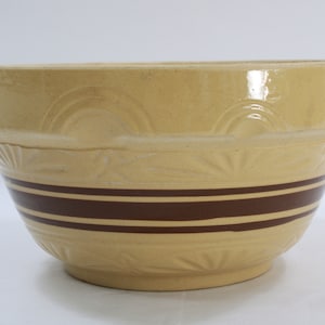 Stoneware Bowl, Nesting Bowl, Stoneware, Primitive Antique Crock, Brown Yellow Ware Nesting Bowl, Brown Striped Bowl  12" Dia Free USA Ship