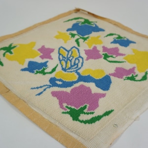 Bug and Floral Needlepoint, Completed Floral Needlepoint, Pillow Cover, Needlepoint Footstool Chair Cover, Needs to be stretched, Free Ship