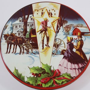 Lata de metal vintage, lata de lujo, lata de galletas, lata de chocolate antigua, lata redonda, lata de costura, lata de almacenamiento, lata de panadería Collin St. Texas, envío gratuito a EE. UU.