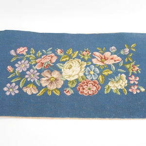 Completed Needlepoint, Floral Needlepoint Canvas, Piano Bench Cover, Bench Ottoman Cover, Footstool Cover, Blue Ground Floral Free USA Ship