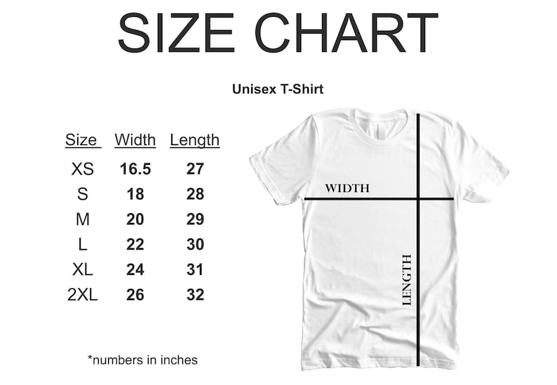 Puede incluir: Tabla de tallas para una camiseta unisex que muestra las medidas de ancho y largo en pulgadas para las tallas XS, S, M, L, XL y 2XL.