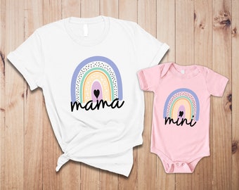 Purple Rainbow With Sparkles Mama and Mini Cute Matching T-Shirt Set for Mother and Daughter Family Outfit Gift Mommy and Me
