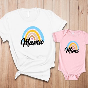 Rainbow Design Blue and Yellow Mama and Mini Matching Cute T-Shirts Mommy and Me Family Outfit Set for Mother and Daughter