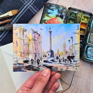 London Trafalgar Square Tarjeta de cumpleaños, pintura de paisaje único original, todas las ocasiones en blanco en el interior