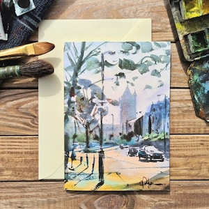 美しいイーリングのグリーティング カード、西ロンドンの街並みの絵画、サウス イーリング セント メアリーズ ロード ロンドンのオリジナルの風景画