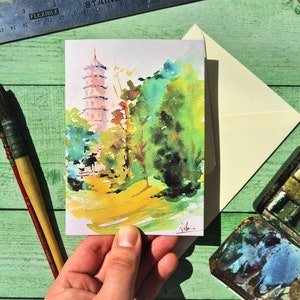 Carte de voeux de pagode, Kew Gardens Londres, carte faite main originale mignonne d’aquarelle