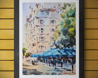 Paris Street Scene Giclee Print | French Cafe Watercolour Painting | Parisian Art | Limited Edition Print | Gift for Travel & Home Decor