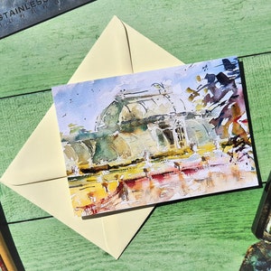 Palm House wenskaart, Kew Gardens Londen, verjaardagskaart, grootte A6, Landschap schilderij, originele aquarel, aquarel botanische kunst