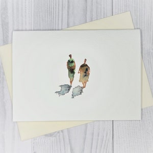 Biglietto d'auguri d'arte minimalista Semplice pittura ad acquerello di figure, persone che guardano l'arte, biglietto di compleanno con arte impressionista