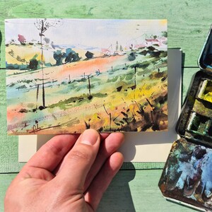Ruscombe Bauernhof Stroud Grußkarte, Valley Field, Geburtstagskarte, Landschaftsmalerei, original Aquarell, Aquarell, Kunst, für ihn für Sie