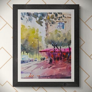 Impression giclée de scène de rue de Paris | Art du café français à baldaquin rouge | Paysage urbain à l&#39;aquarelle | Décoration murale parisienne | Impression cadeau de voyage