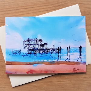 Brighton West Pier Grußkarte, Landschaft Kunst, Geburtstagskarte, Original Landschaft Aquarell