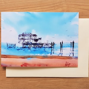 Brighton West Pier wenskaart, Zeegezicht Kunst, Verjaardagskaart, Originele Landschap schilderij, aquarel aquarel, Muur Decor