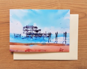 Brighton West Pier tarjeta de felicitación, arte del paisaje marino, tarjeta de cumpleaños, pintura de paisaje original, acuarela acuarela, decoración de la pared