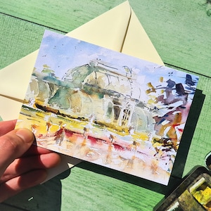Cartão de felicitações de jardim, pintura de paisagem em aquarela, jardins kew, brentford, palmeira, impressão artística, cartão de casamento, cartão de aniversário
