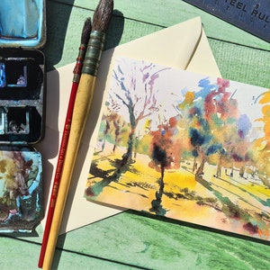 Arbre Aquarelle Coucher de soleil Peinture Carte de voeux Paysage Peinture Merci Carte Automne Thanksgiving Carte de voeux