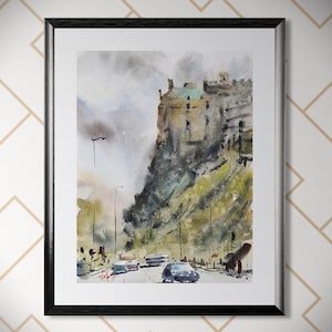 A3 Edinburgh Castle Street View – Edizione limitata di 100 – Acquerello urbano da Fringe 2023 – Opzione carta disponibile