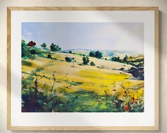 Golden Fields of Stroud Giclee Print, English Countryside Landscape, Watercolour Art, Nature Wall Decor, Gift for Home or Office