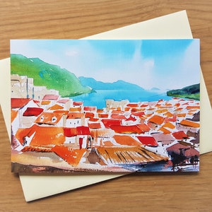 Dubrovnik Croacia tarjeta de felicitación, tarjeta de cumpleaños, pintura de acuarela paisaje, acuarela arte original, paisaje marino, Mediterráneo