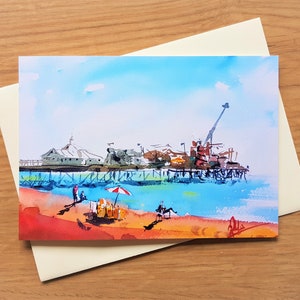 Brighton Pier tarjeta de felicitación, tarjeta de vacaciones de verano británica, impresión de arte de acuarela, pintura impresionista recinto ferial