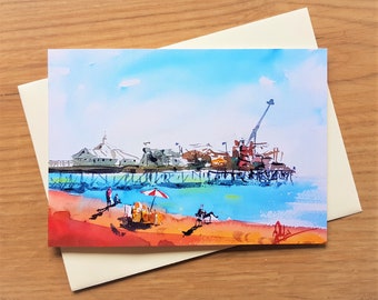 Brighton Pier tarjeta de felicitación, tarjeta de vacaciones de verano británica, impresión de arte de acuarela, pintura impresionista recinto ferial