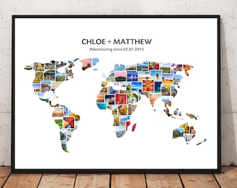 May include: A world map made of photos, with the names Chloe and Matthew and the text "Adventuring since 02.07.2015".