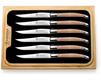 Facas para bife Laguiole California - Conjunto de 6 peças de madeira natural - Cabos ergonômicos - Armazenadas em uma caixa de presente de madeira de carvalho da Califórnia - Extremamente afiadas